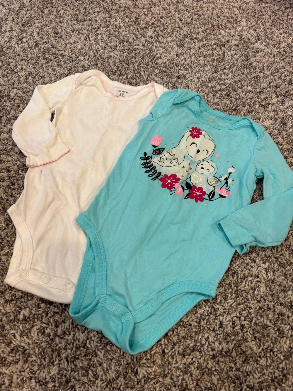 Carter's Girls Blue Owl & Cream Long Sleeve Bodysuits
